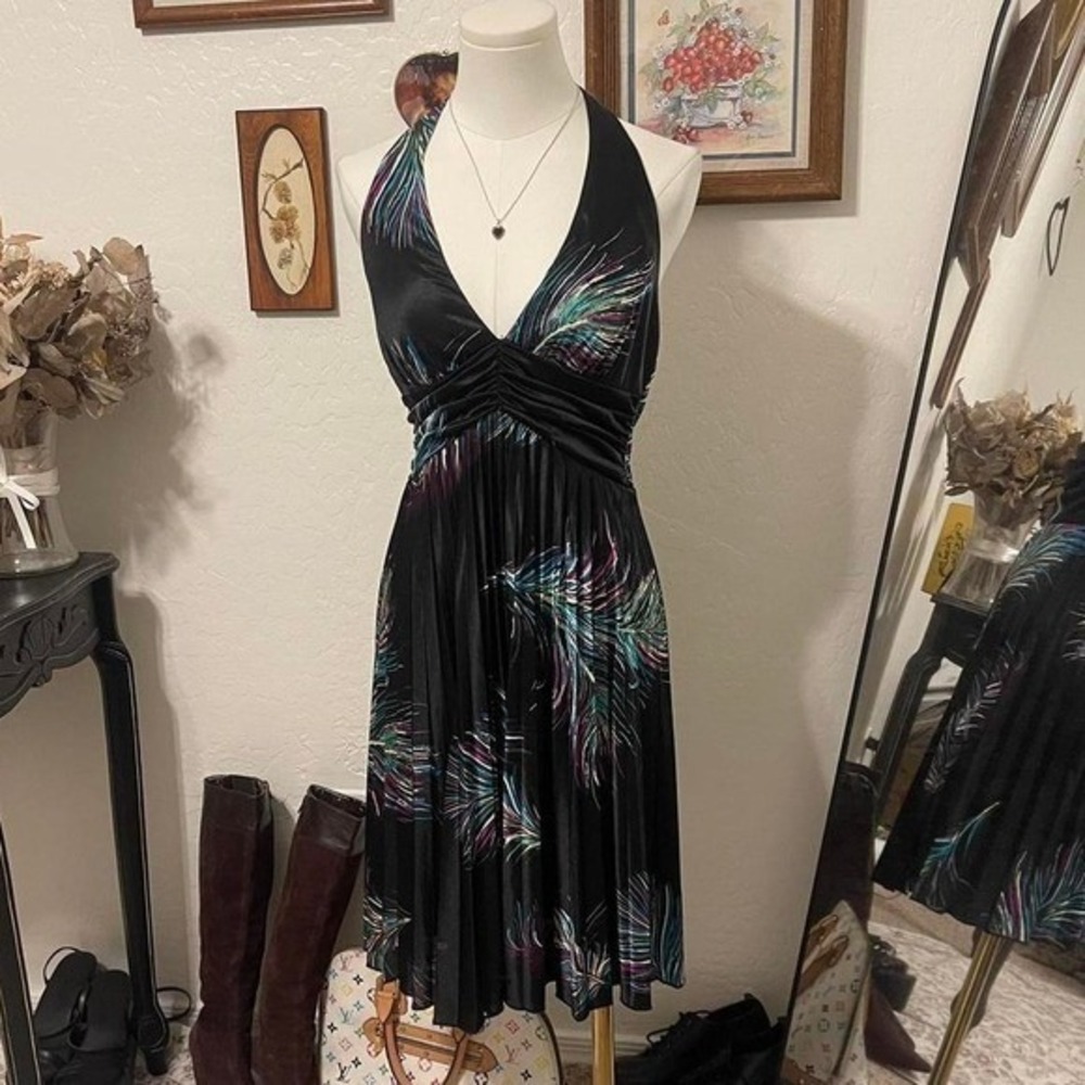 Speechless Halter Dress Women Medium Black Feather Print Excellent Y2K Party